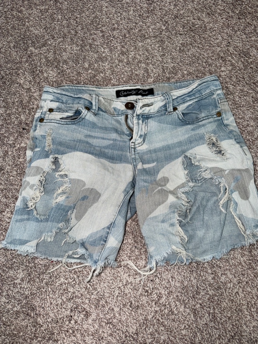 Celebrity Pink Light Blue Camo Distressed Jean Long Shorts